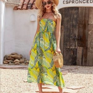 Strapless printed ruffle dress